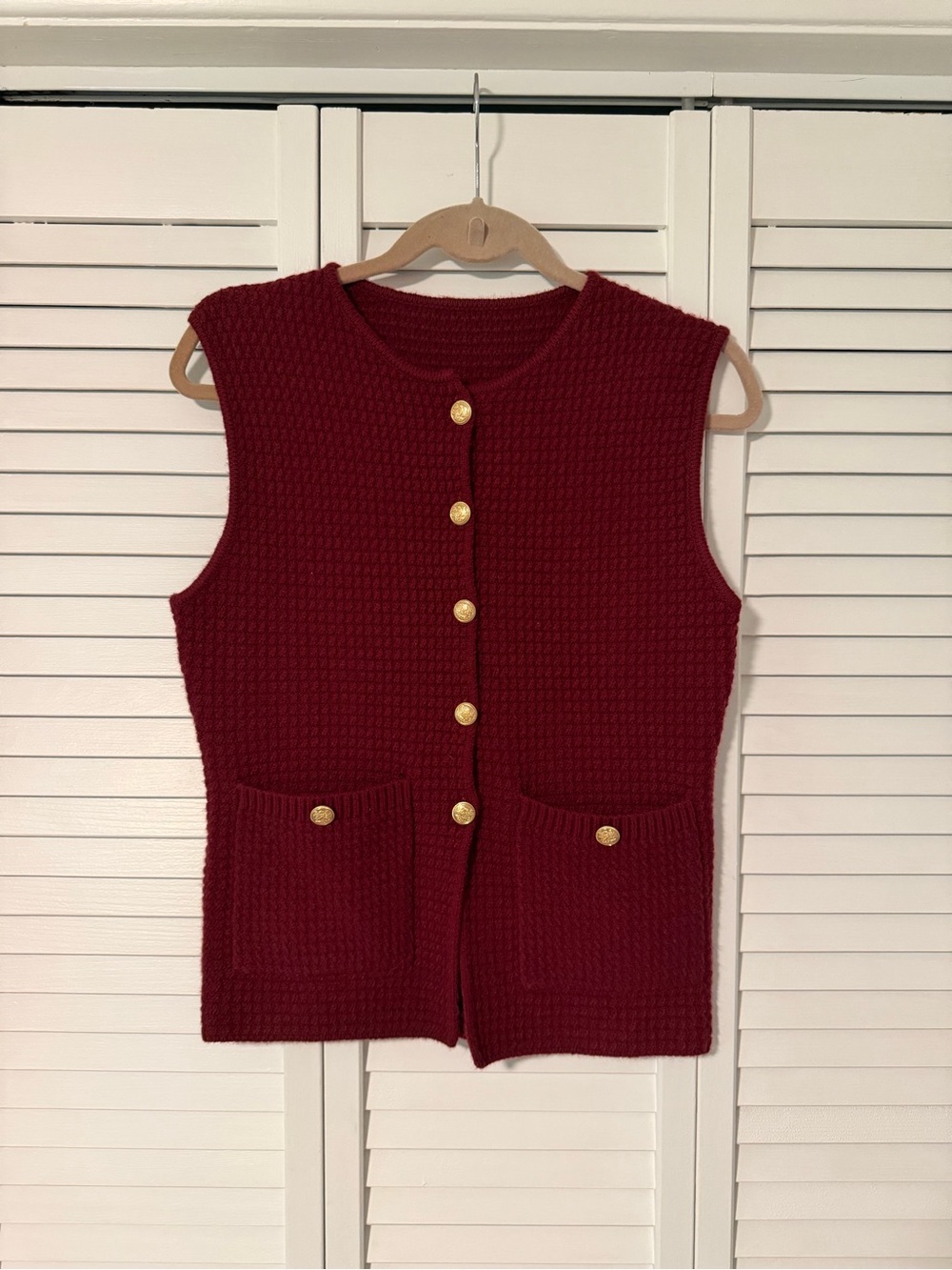 Sleeveless Knit Vest with Gold Buttons - Burgundy